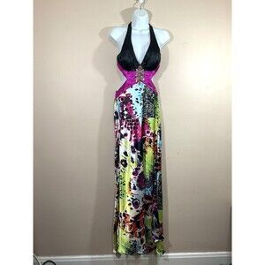 VTG Deb Abstract Backless Cutout Maxi Dress 4 Y2K HOCO Prom Rhinestones V-Neck